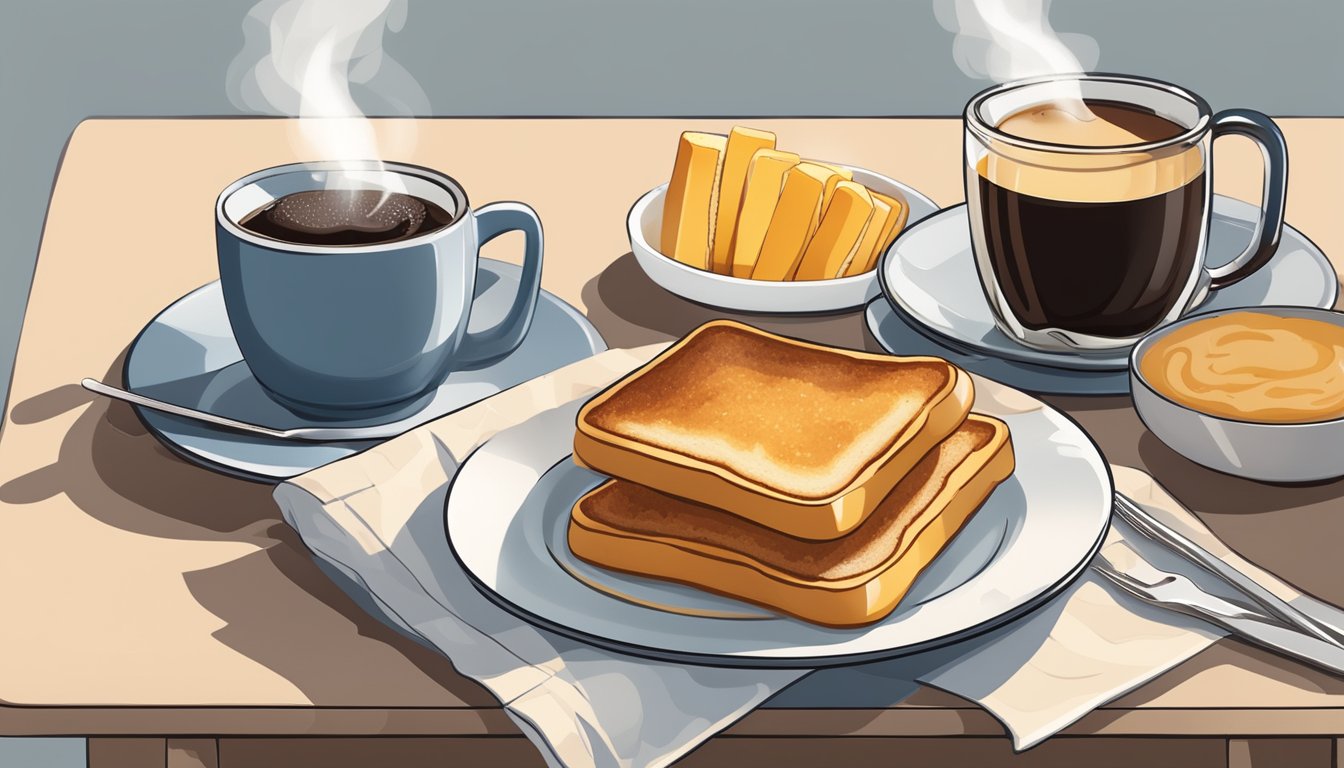 A plate of French toast sticks and a steaming cup of coffee on a breakfast table