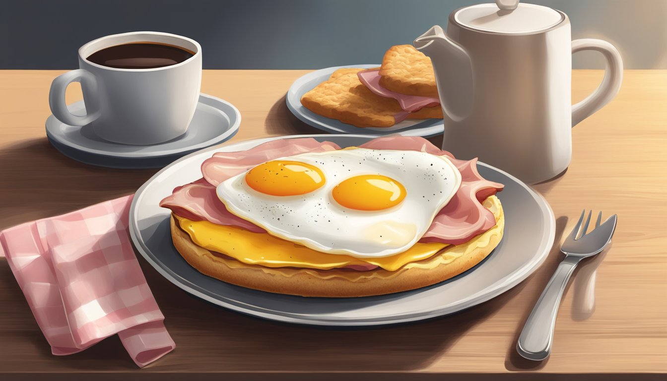 A golden brown biscuit topped with a slice of ham, a fried egg, and melted cheese, sitting on a plate next to a steaming cup of coffee