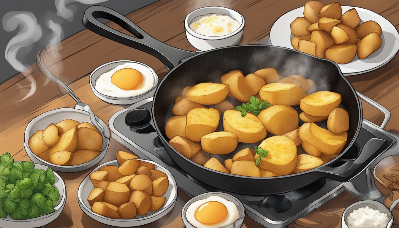 A sizzling skillet of golden brown breakfast potatoes surrounded by 8 enticing reasons, with steam rising and a mouthwatering aroma filling the air