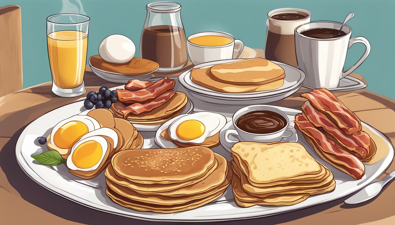 A platter with pancakes, eggs, bacon, sausage, toast, fruit, and coffee