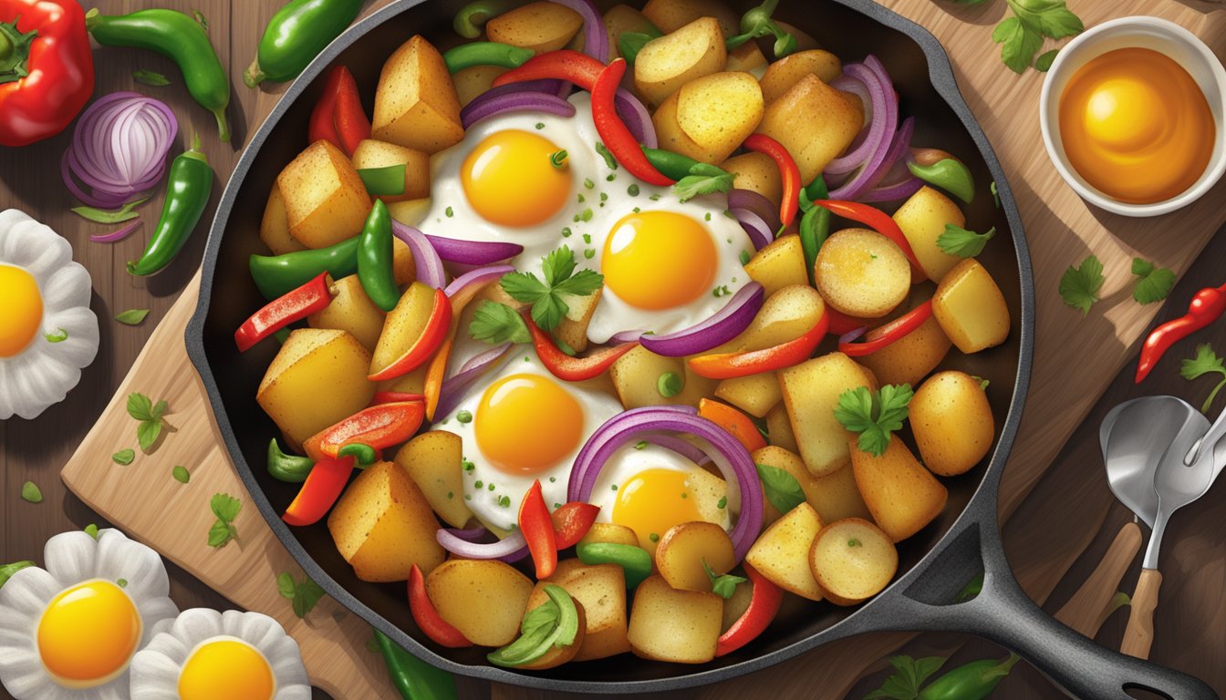 A sizzling skillet of golden breakfast potatoes emits an irresistible aroma, surrounded by vibrant peppers and onions