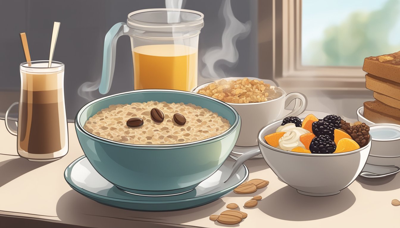 A steaming bowl of maple flavored oatmeal sits next to a cup of coffee, surrounded by various breakfast items