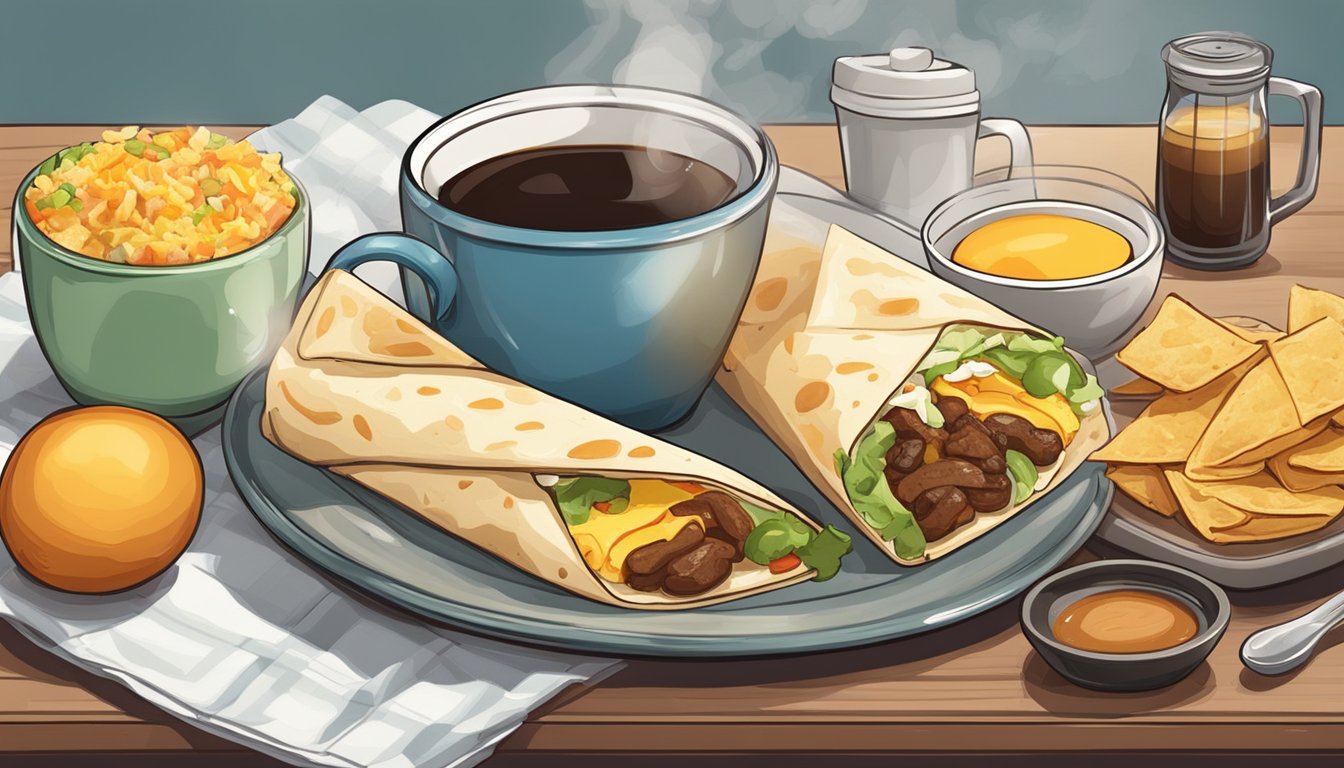 A steaming breakfast burrito surrounded by a mug of coffee and various breakfast items on a table