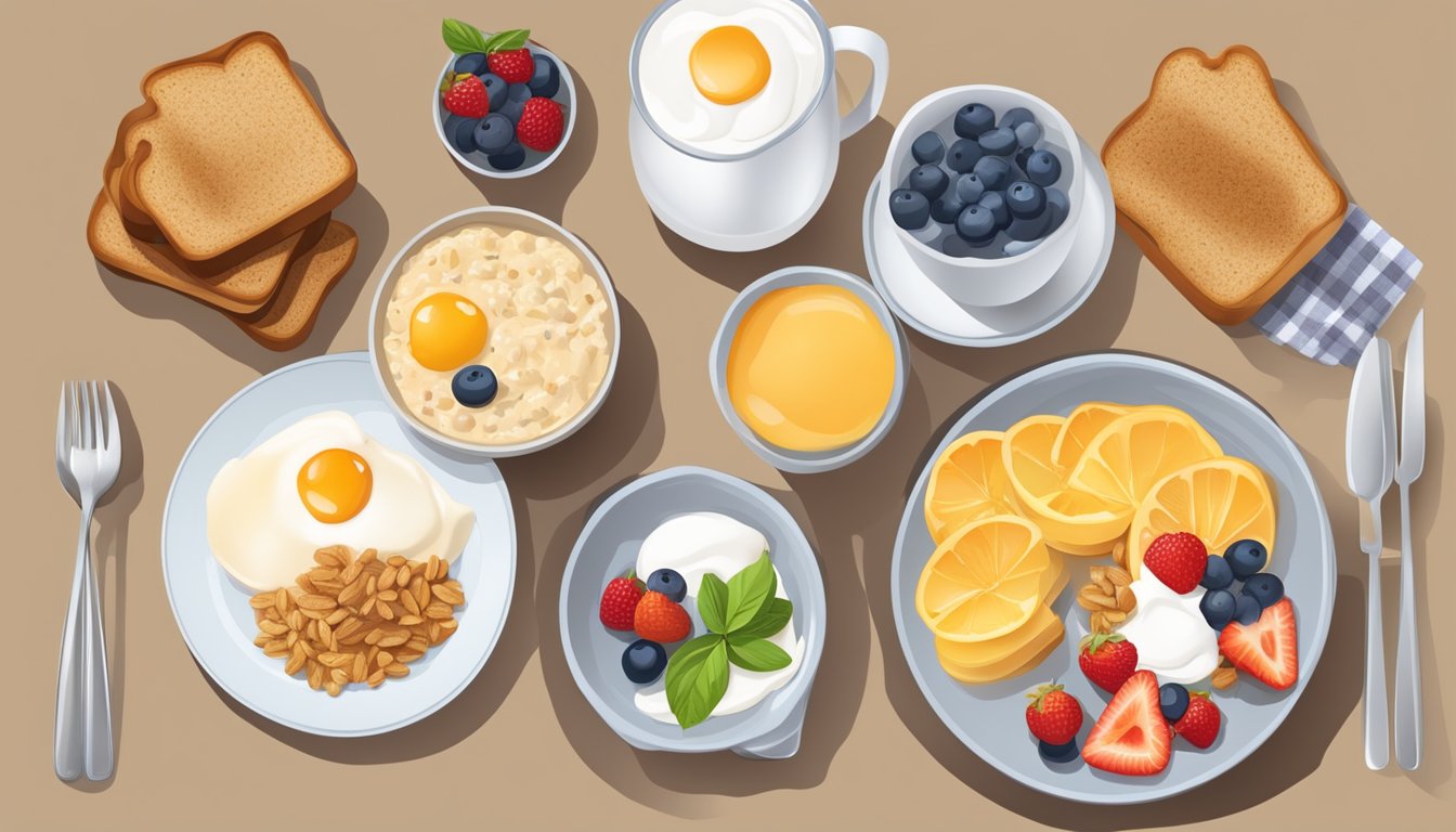 A table with a variety of breakfast items, including fruits, yogurt, oatmeal, and whole grain toast, arranged in an appealing and appetizing manner