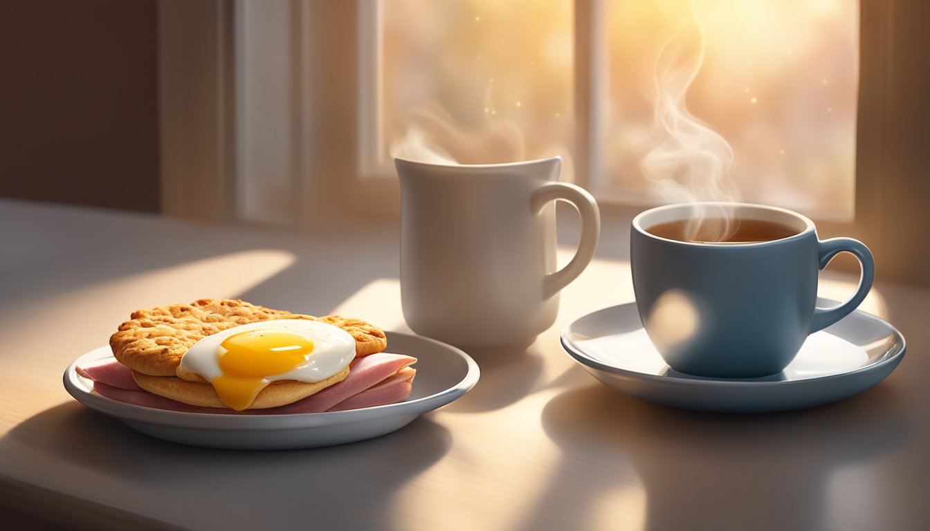 A steaming biscuit with ham, egg, and cheese sits on a plate next to a steaming cup of coffee. The morning light streams through a window, casting a warm glow on the breakfast scene