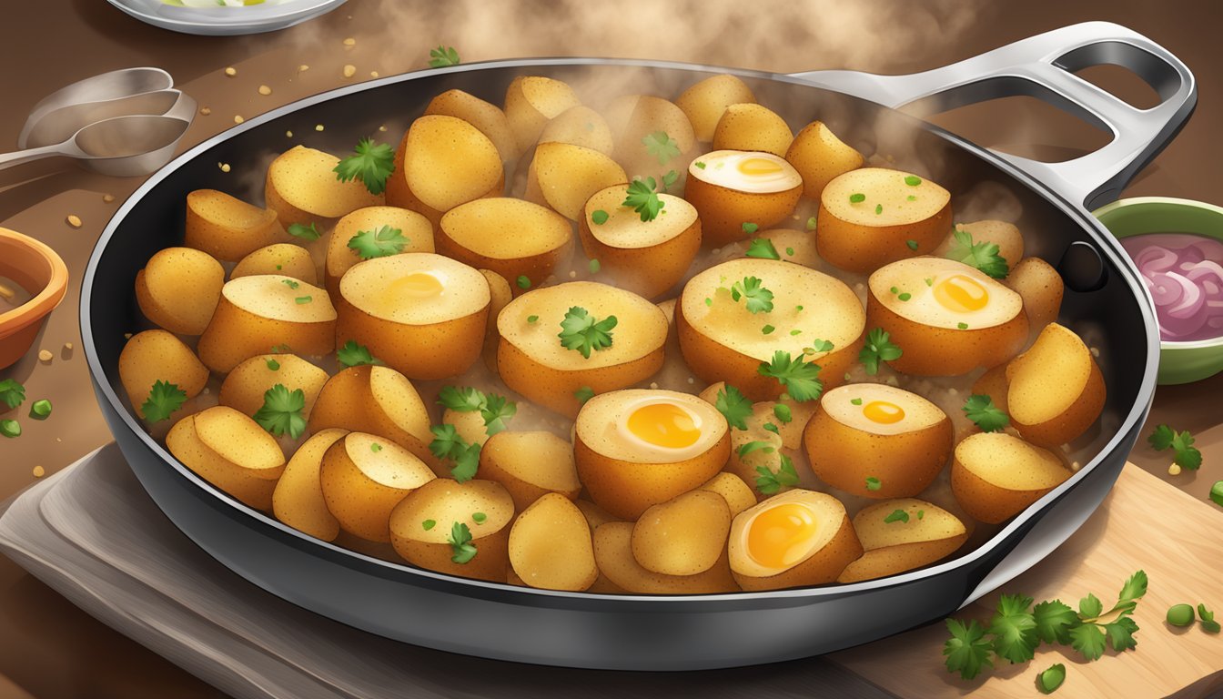 A sizzling skillet of golden, crispy breakfast potatoes surrounded by steam and sprinkled with savory seasonings