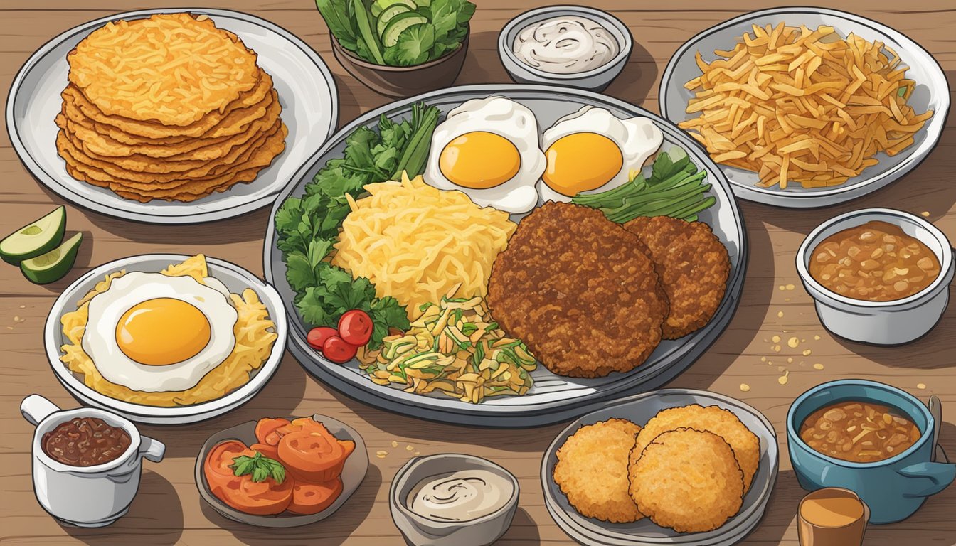 A plate of hash browns surrounded by various ingredients and condiments, showcasing 10 different ways to upgrade a breakfast order