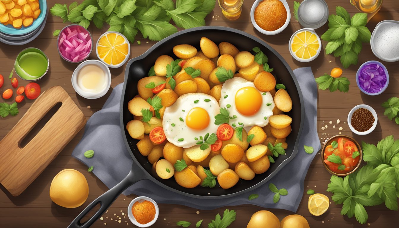 A sizzling skillet of golden breakfast potatoes, seasoned to perfection, steaming and emitting a tantalizing aroma, surrounded by colorful garnishes