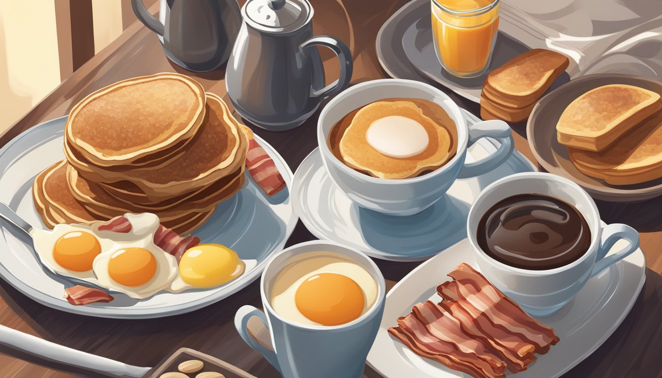 A steaming cup of coffee sits next to a spread of breakfast items, including pancakes, eggs, and bacon, creating a cozy morning scene