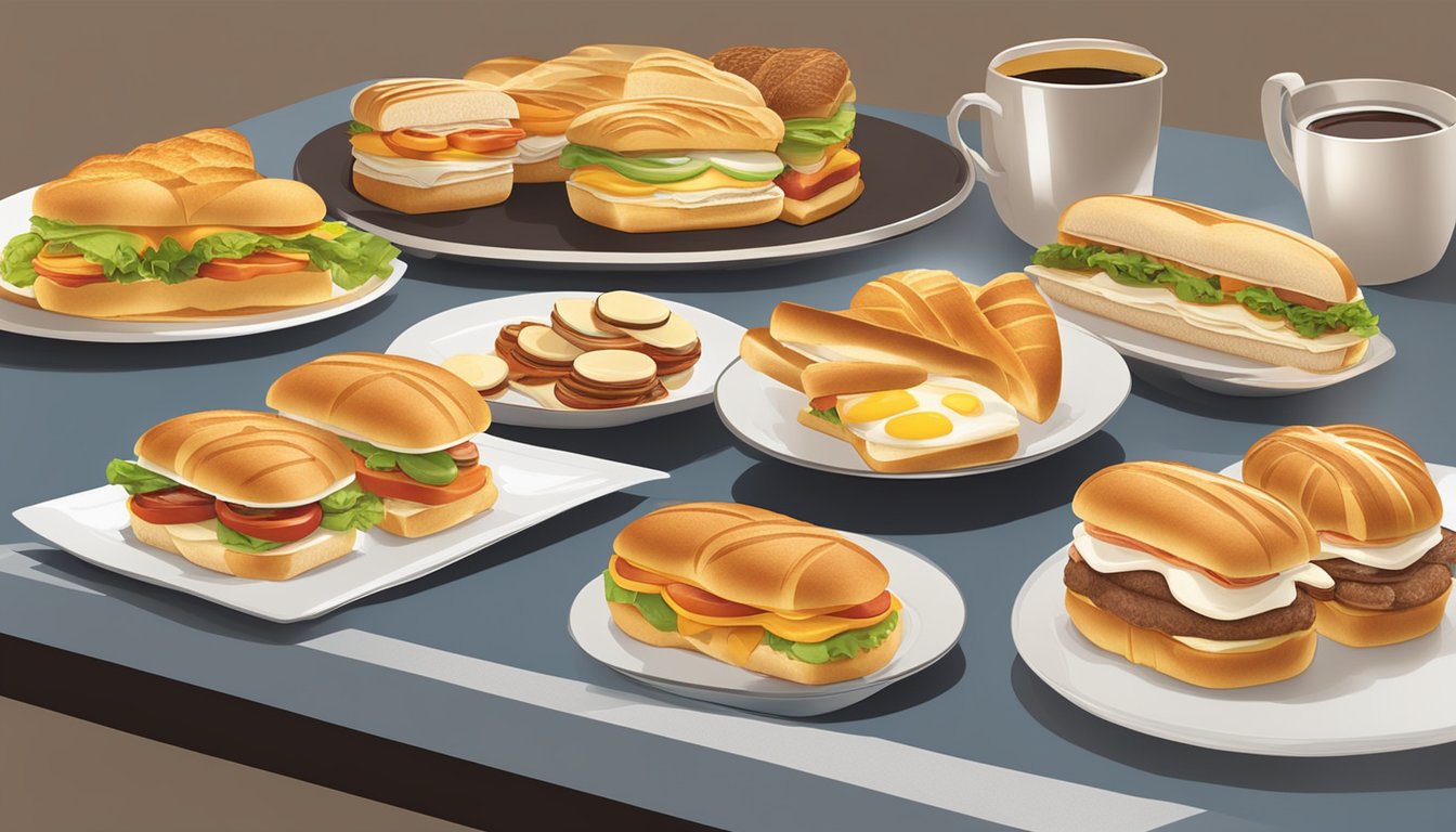 A table with a variety of 10 different Croissan'wich breakfast sandwiches arranged in an appealing and appetizing display