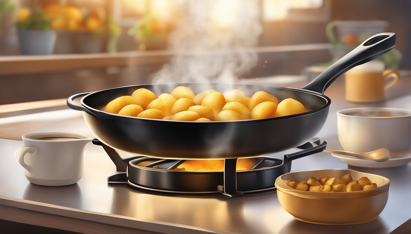 A sizzling skillet of golden brown breakfast potatoes, emitting a tantalizing aroma, surrounded by a halo of steam