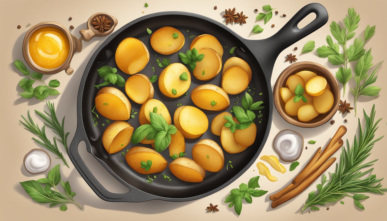 A sizzling skillet of golden breakfast potatoes, emitting a tantalizing aroma, surrounded by vibrant herbs and spices