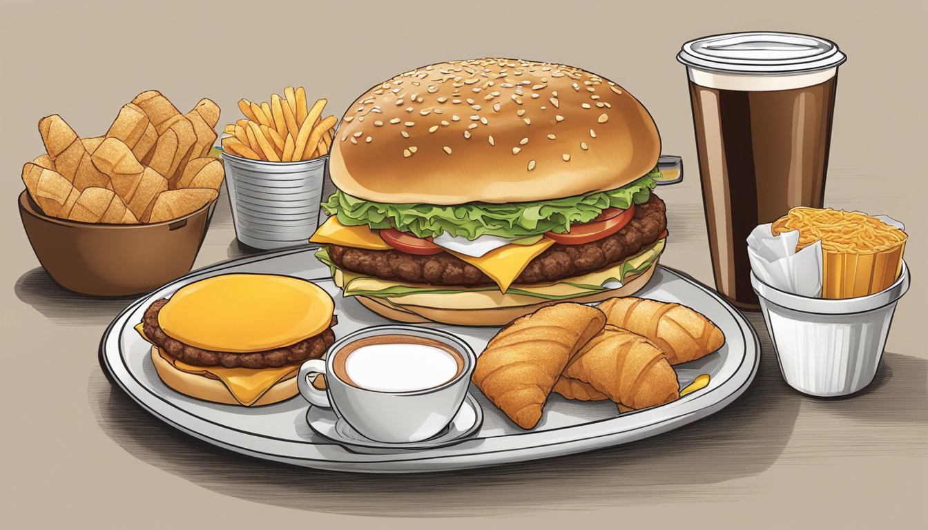 A table set with a variety of Burger King breakfast items, including a Croissan'wich, coffee, and hash browns, ready for a lunchtime meal