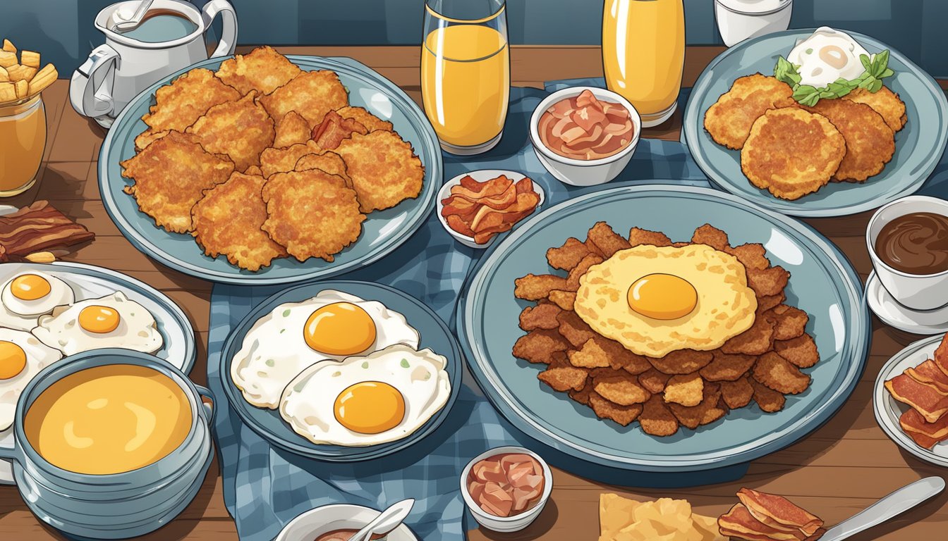 A plate of crispy hash browns surrounded by 6 other breakfast items, such as eggs, bacon, and pancakes, arranged in a pleasing composition