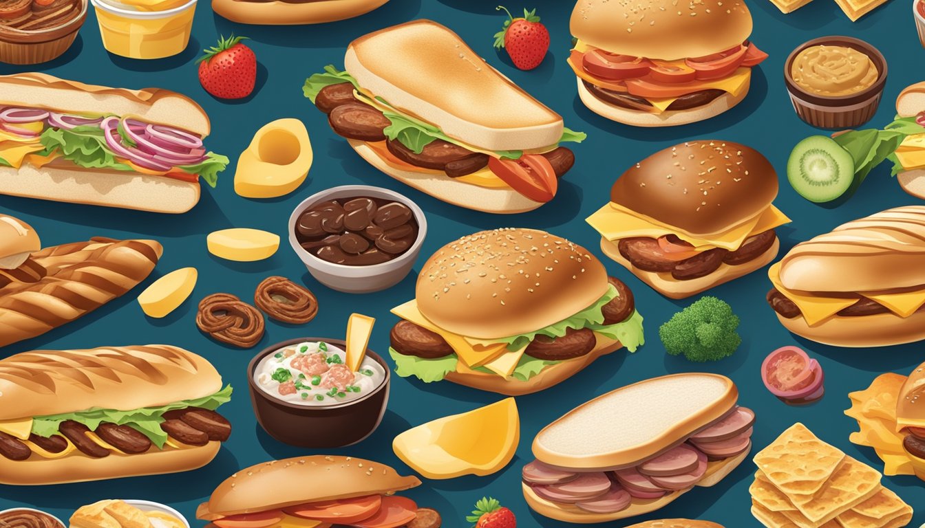 A colorful, mouth-watering display of a Double Croissan'wich with sausage and 10 additional toppings laid out on a tray, surrounded by a variety of breakfast items