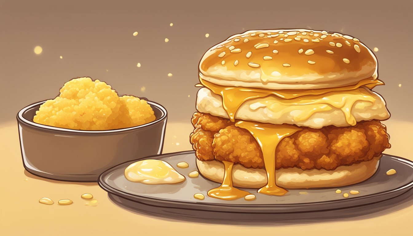 A golden honey butter chicken biscuit surrounded by a warm glow, with a drizzle of honey and a pat of butter on top