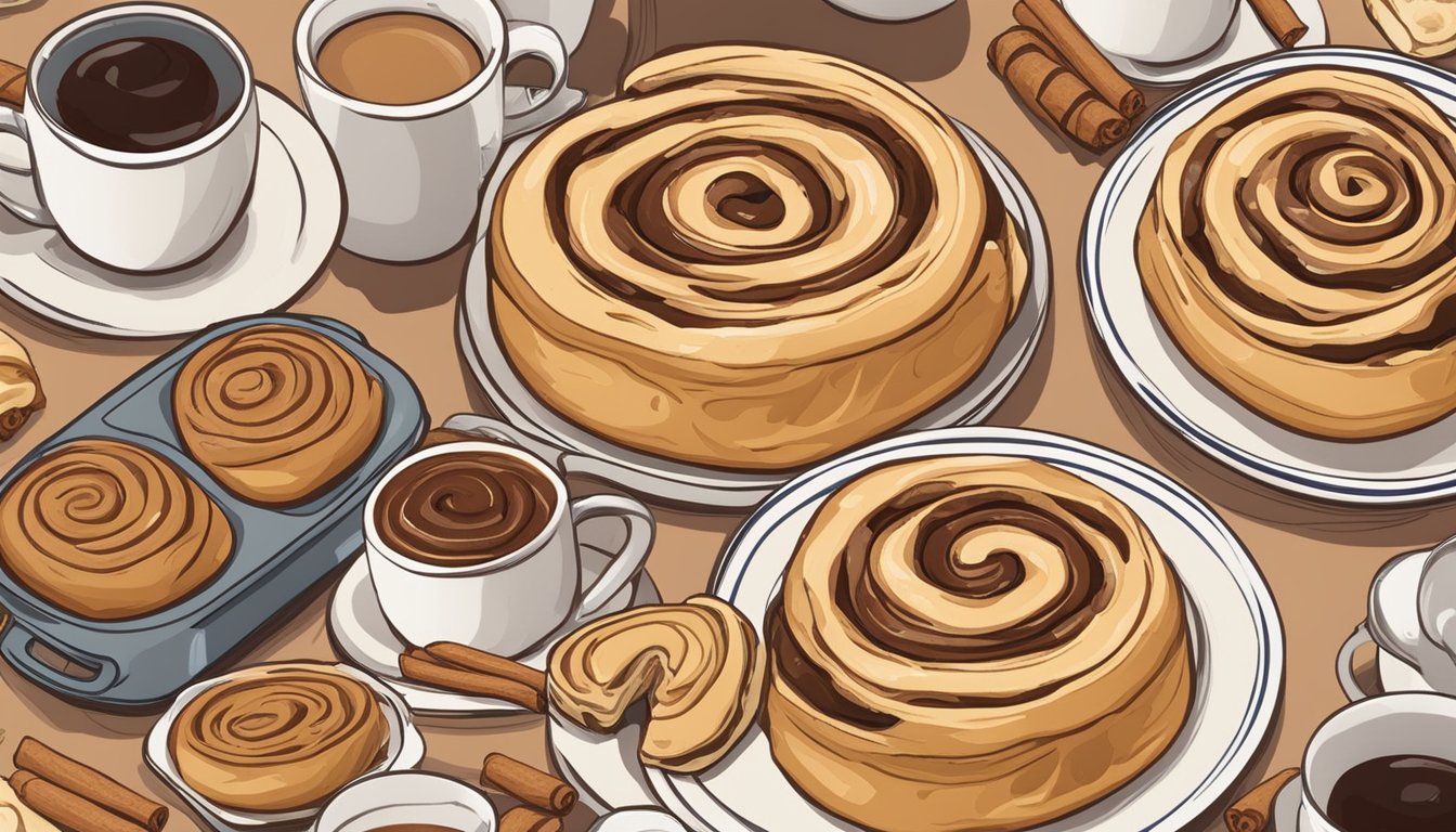 A table set with 10 variations of cinnamon rolls alongside a breakfast spread