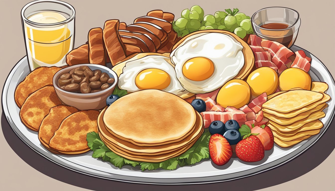 A colorful platter with pancakes, eggs, bacon, sausage, hash browns, toast, and fruit arranged in an appetizing display