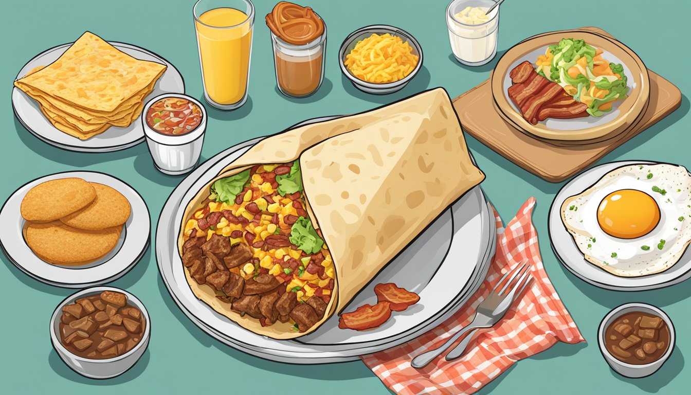 A giant burrito surrounded by a variety of breakfast items, such as eggs, bacon, and hash browns, arranged on a plate