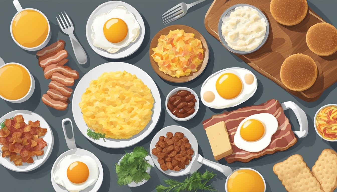 A table with a variety of BK breakfast ingredients spread out, including eggs, bacon, sausage, hash browns, and biscuits