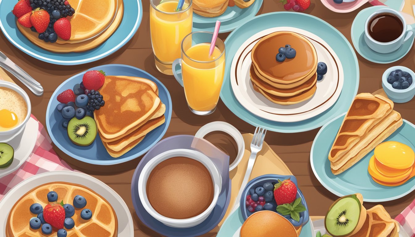 A table set with a variety of sweet breakfast items from the BK menu, including pancakes, French toast sticks, and a cinnamon roll, surrounded by colorful fruit and syrup