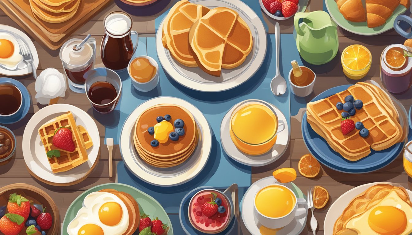 A colorful array of breakfast items, including pancakes, syrup, fruit, and pastries, arranged on a table with a warm, inviting glow