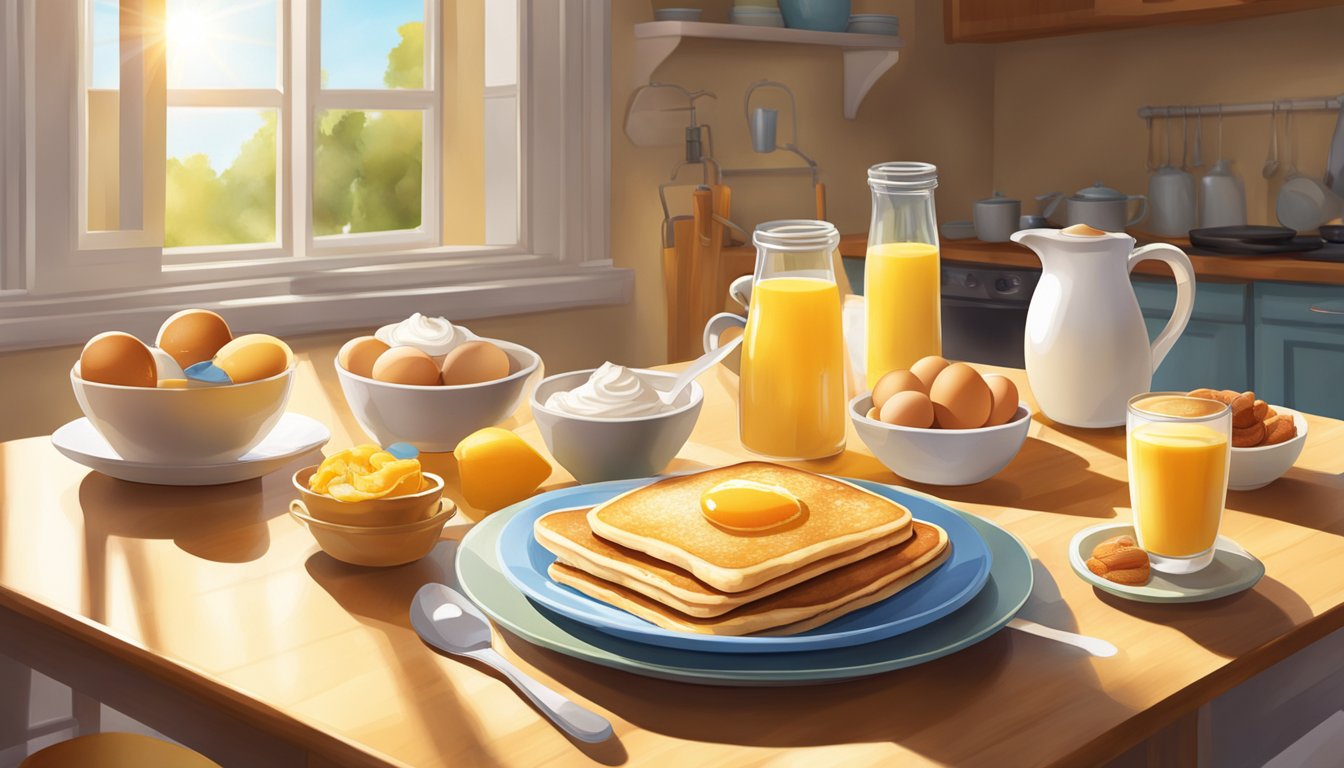 A sunny kitchen table set with a variety of breakfast foods, including pancakes, eggs, fruit, and yogurt. Sunlight streams through the window, casting a warm glow over the scene