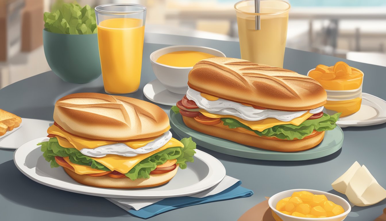 A table displaying five Croissan'wich breakfast sandwiches, each fully loaded with various ingredients, with a focus on the protein content of each