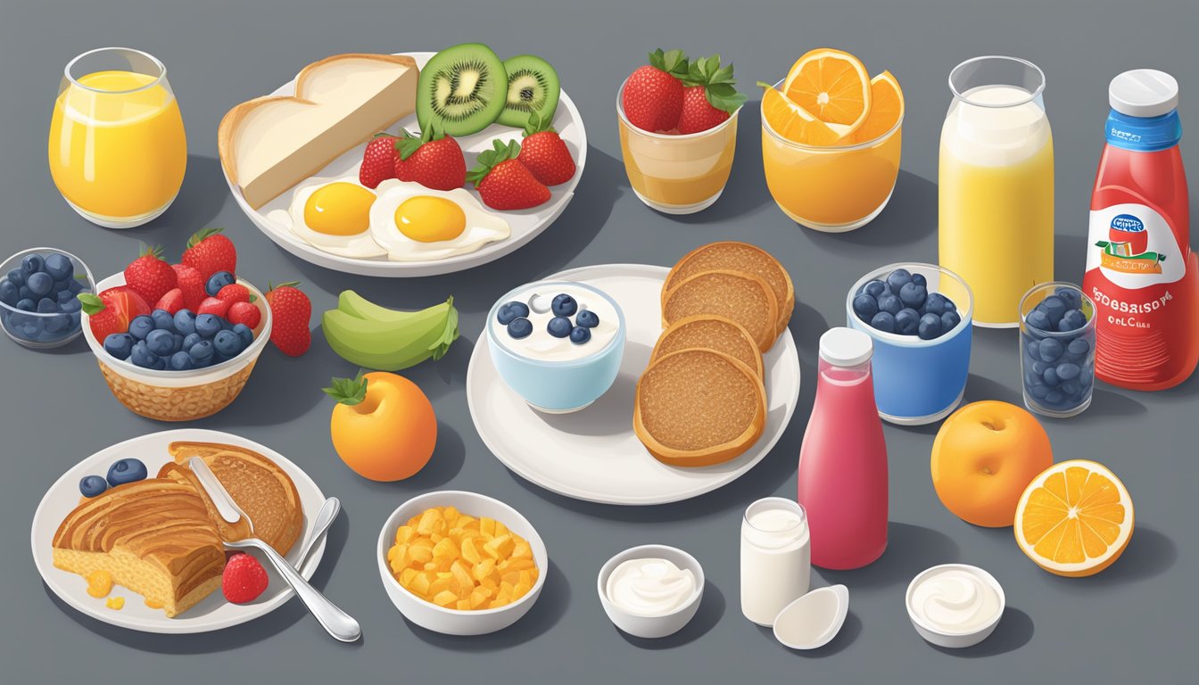 A colorful array of BK breakfast items arranged on a table, including fruit, yogurt, and whole grain options