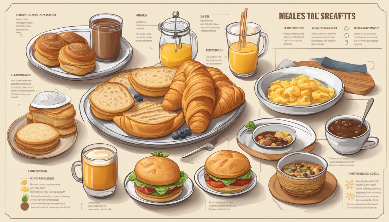 A table set with a variety of breakfast items, including a Croissan'wich, surrounded by informative infographics and charts