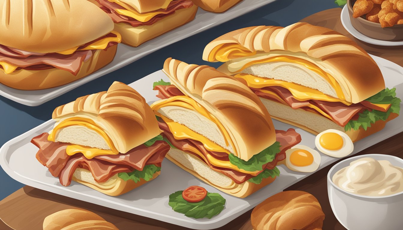 A platter with five Bacon, Egg & Cheese Croissan'wiches arranged in a row, each sandwich cut in half to reveal the layers of ingredients