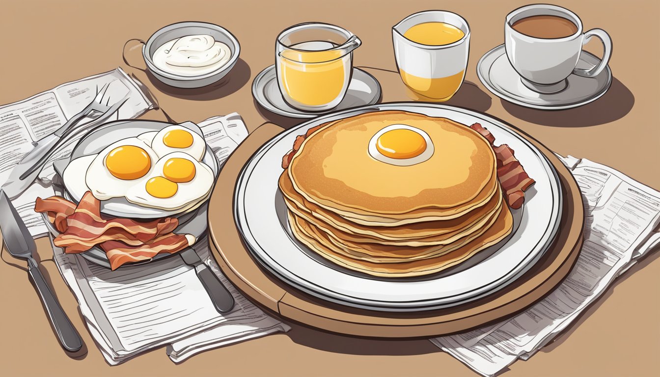 A platter of pancakes, bacon, and eggs arranged with a menu of breakfast facts in the background