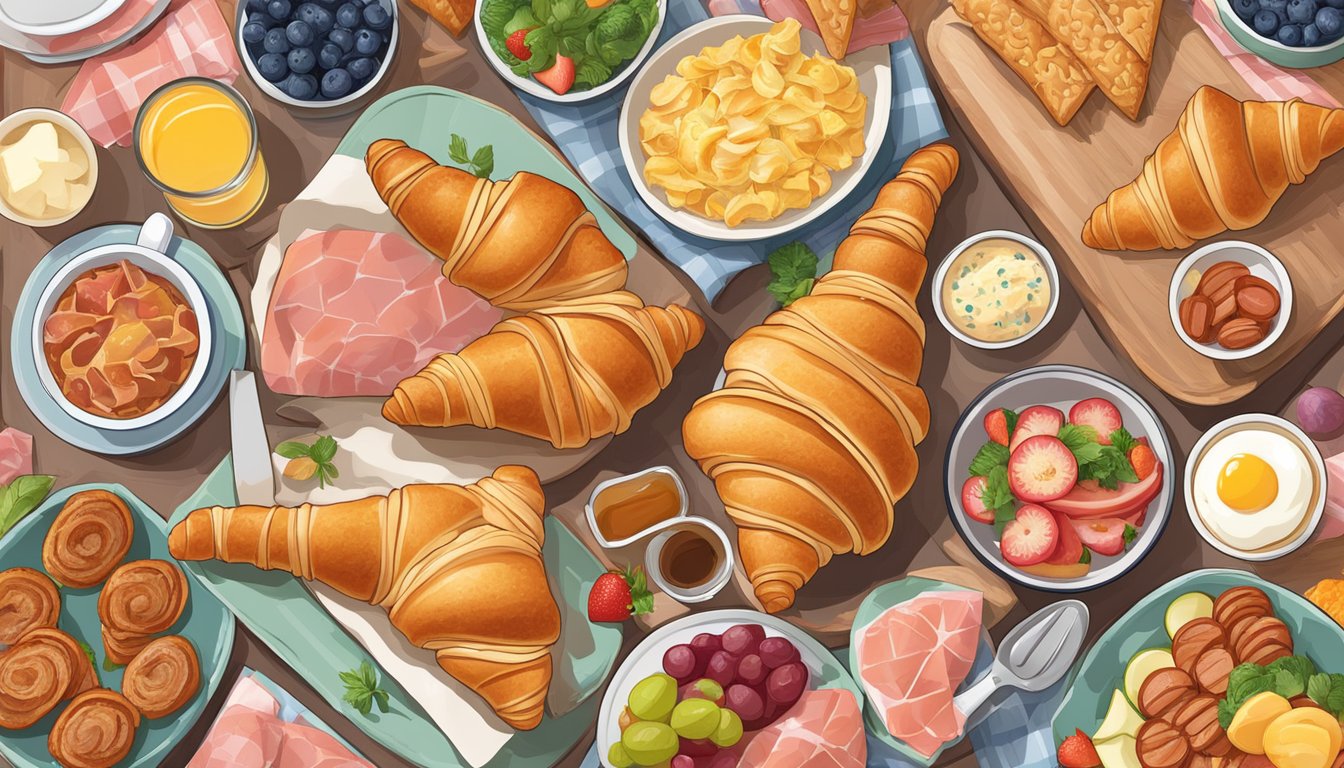 A flaky croissant filled with ham and cheese, surrounded by a colorful array of international breakfast items