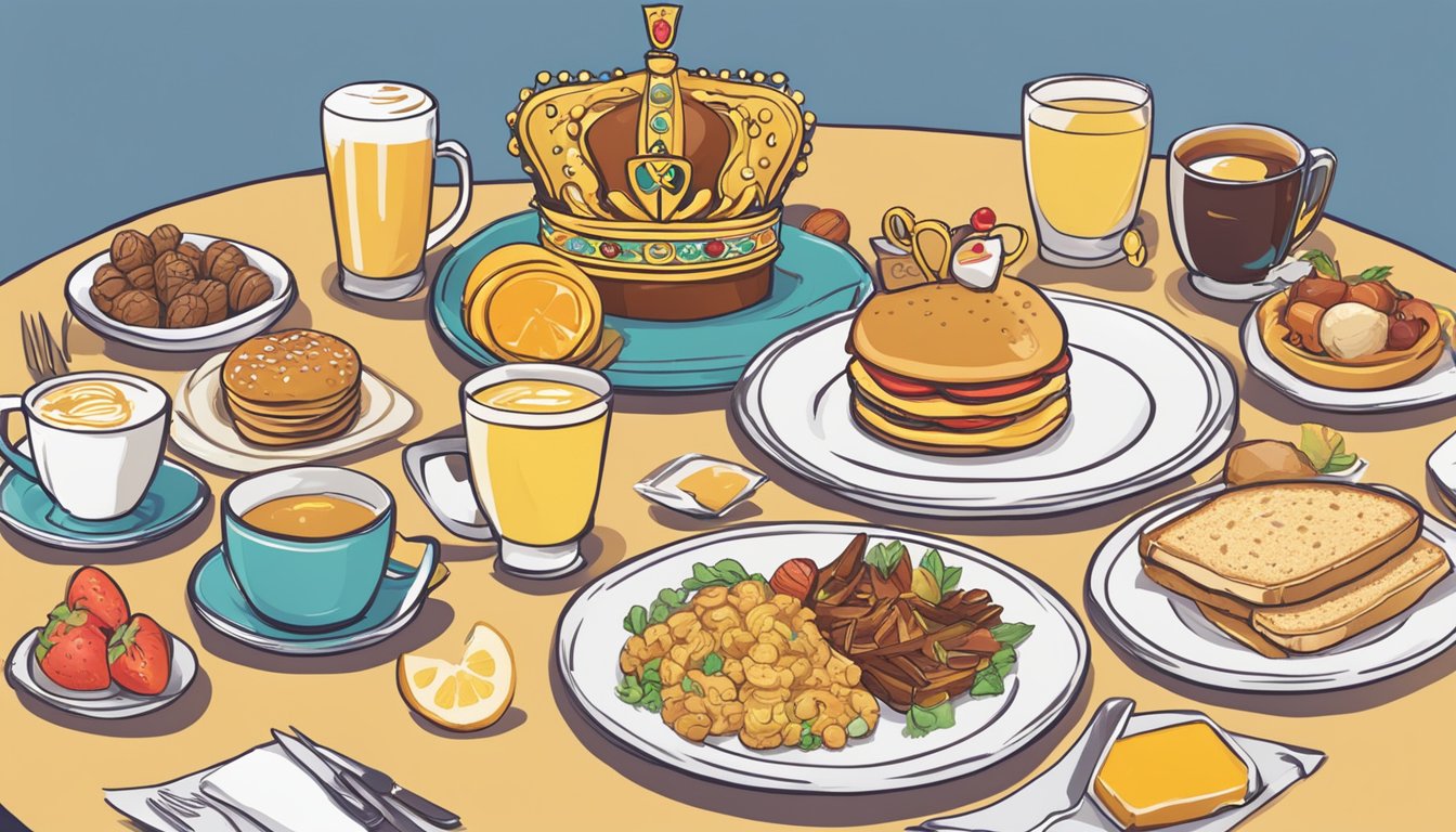 A royal crown atop a breakfast plate with various foods and a banner reading "12 BK Breakfast Facts That Will Surprise You."