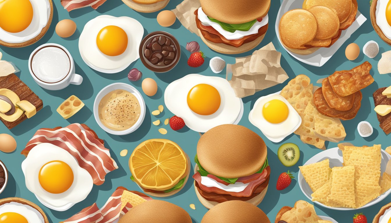 A bacon and egg muffin surrounded by international breakfast items