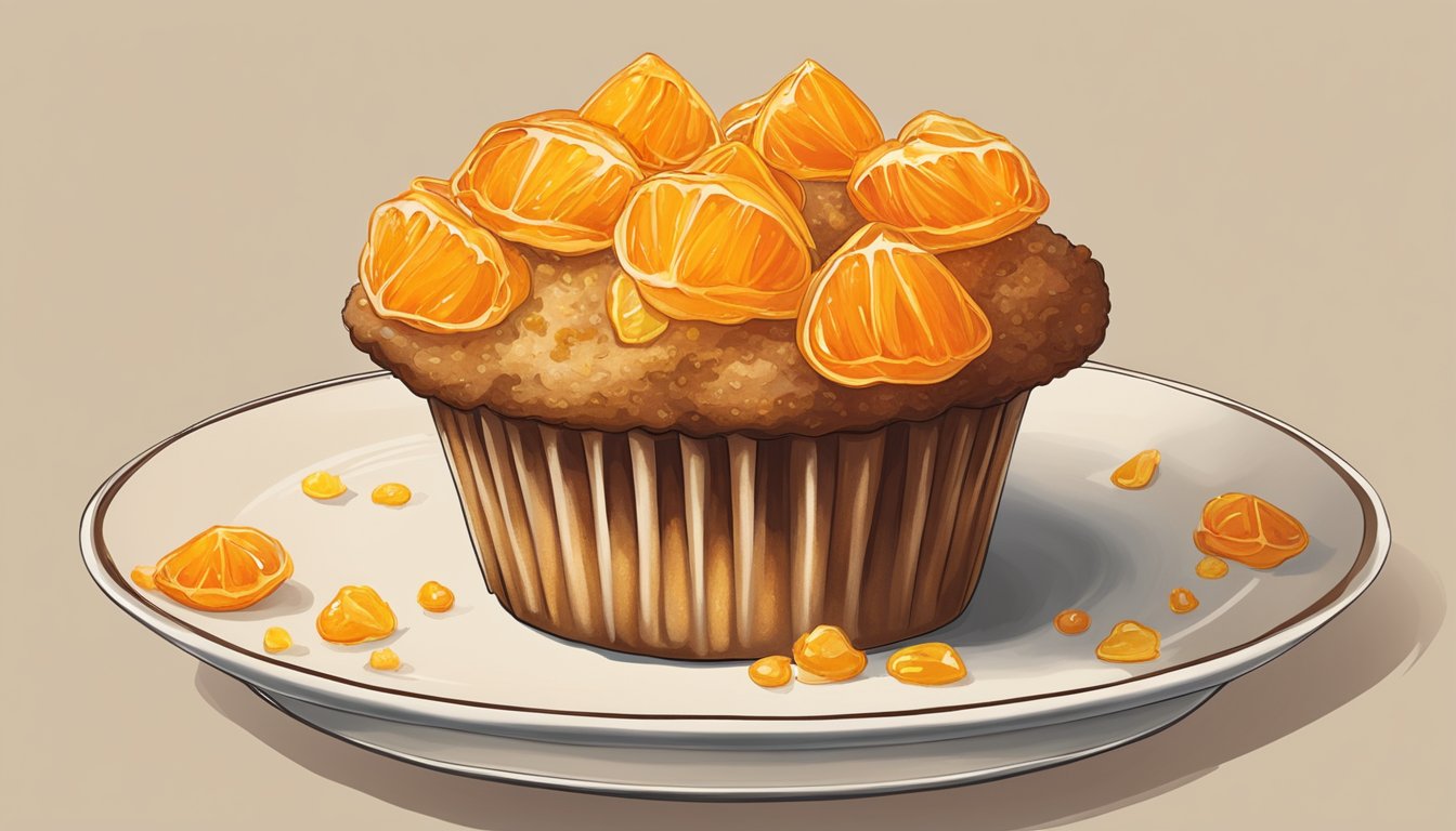 A golden-brown muffin sits on a plate, topped with a generous spread of orange marmalade