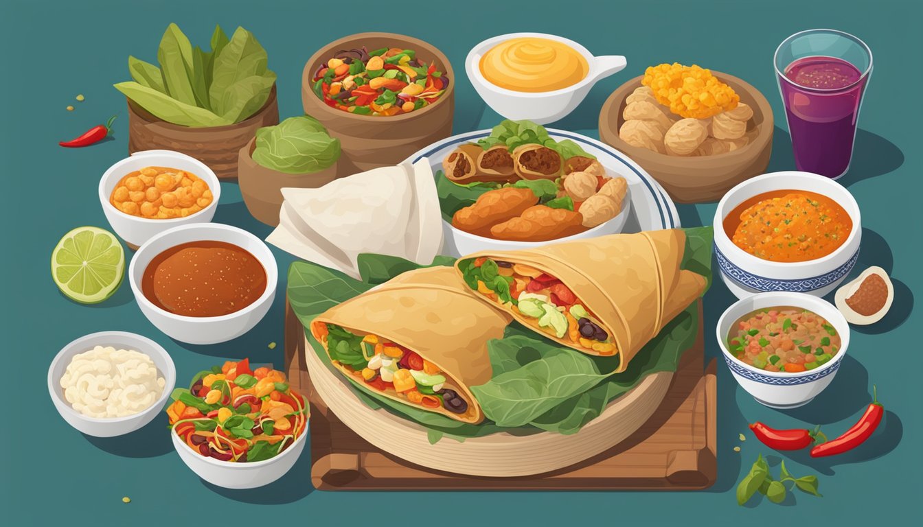 A colorful, vibrant scene with a spicy bean wrap surrounded by breakfast items from various countries, such as croissants, dim sum, and empanadas