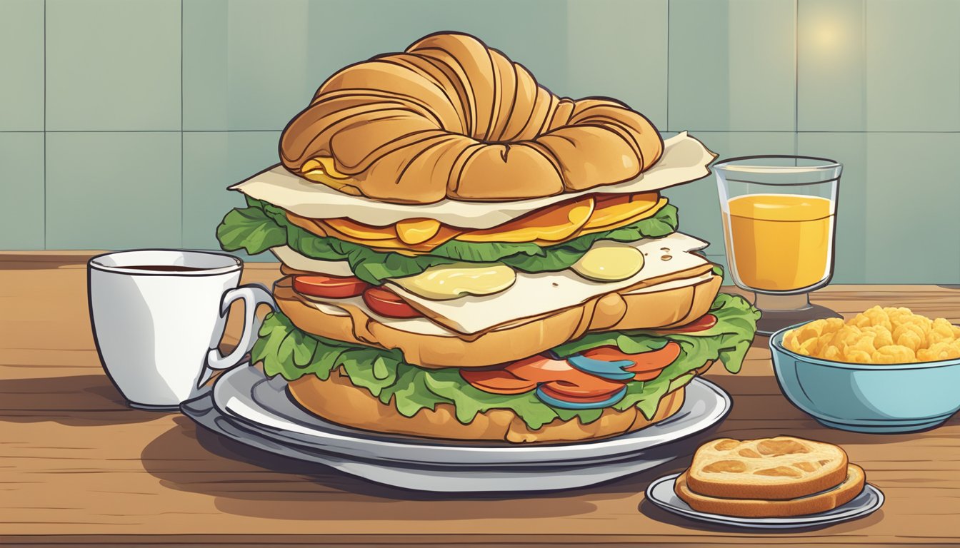 A croissant and sandwich hybrid towering over a breakfast spread, with a surprised expression on a cartoon face