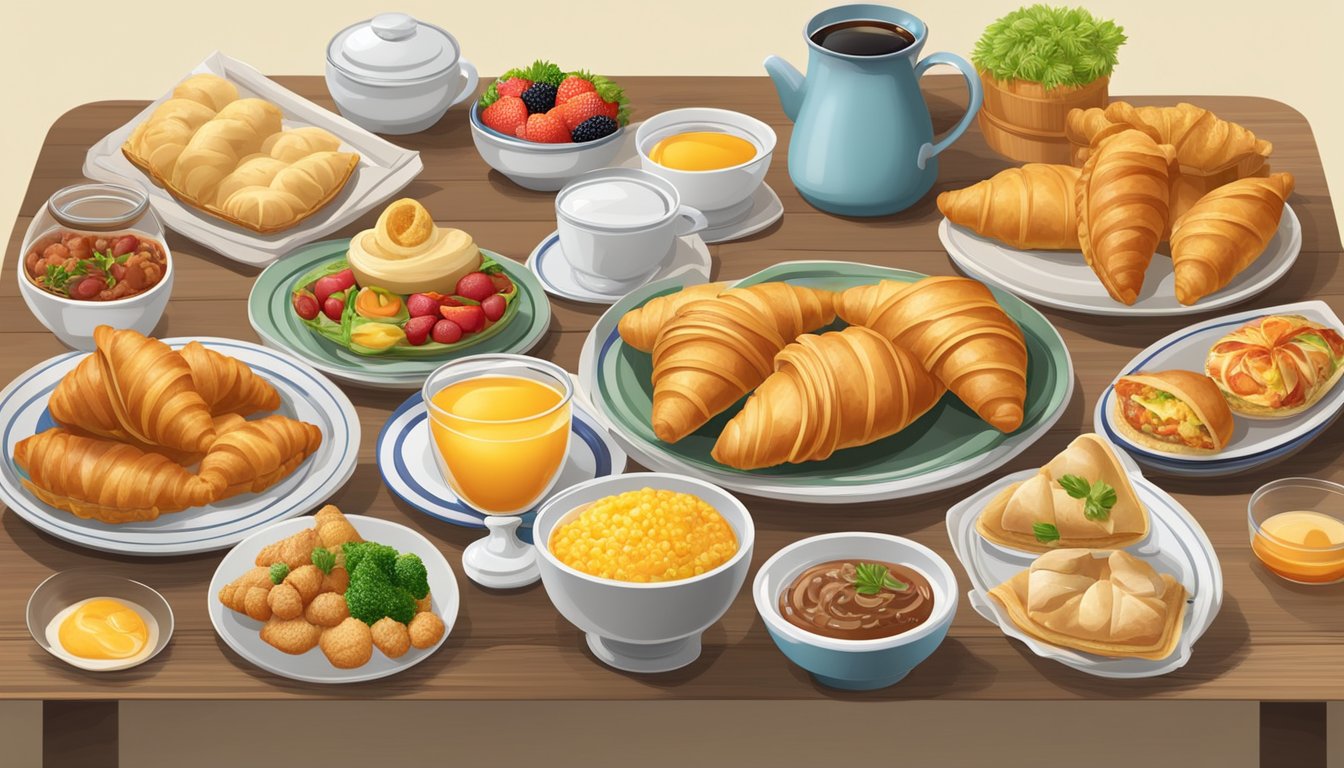 A table with a variety of breakfast items from different countries, including croissants, empanadas, dim sum, and more, all arranged in an appetizing display