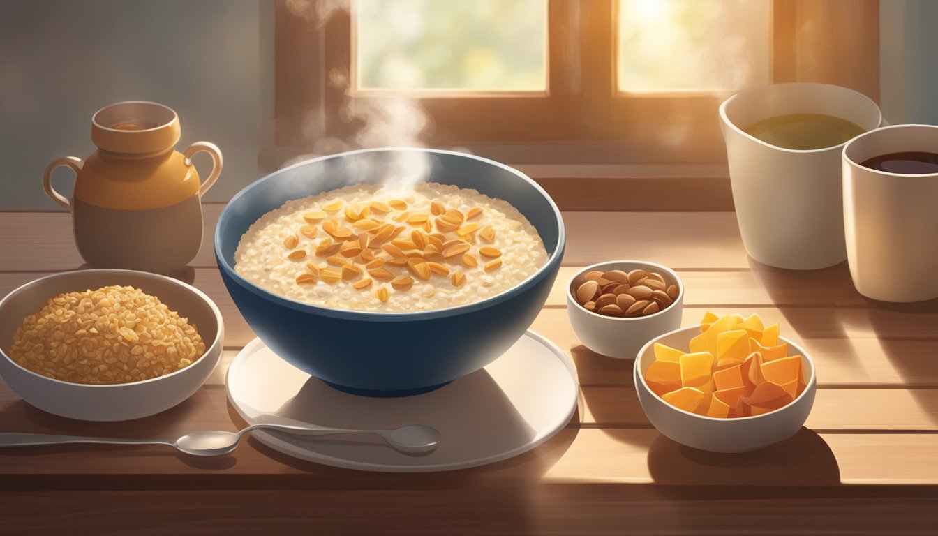 A steaming bowl of maple-flavored oatmeal sits on a wooden table, surrounded by a spread of breakfast items. Sunlight filters through a window, casting a warm glow on the scene