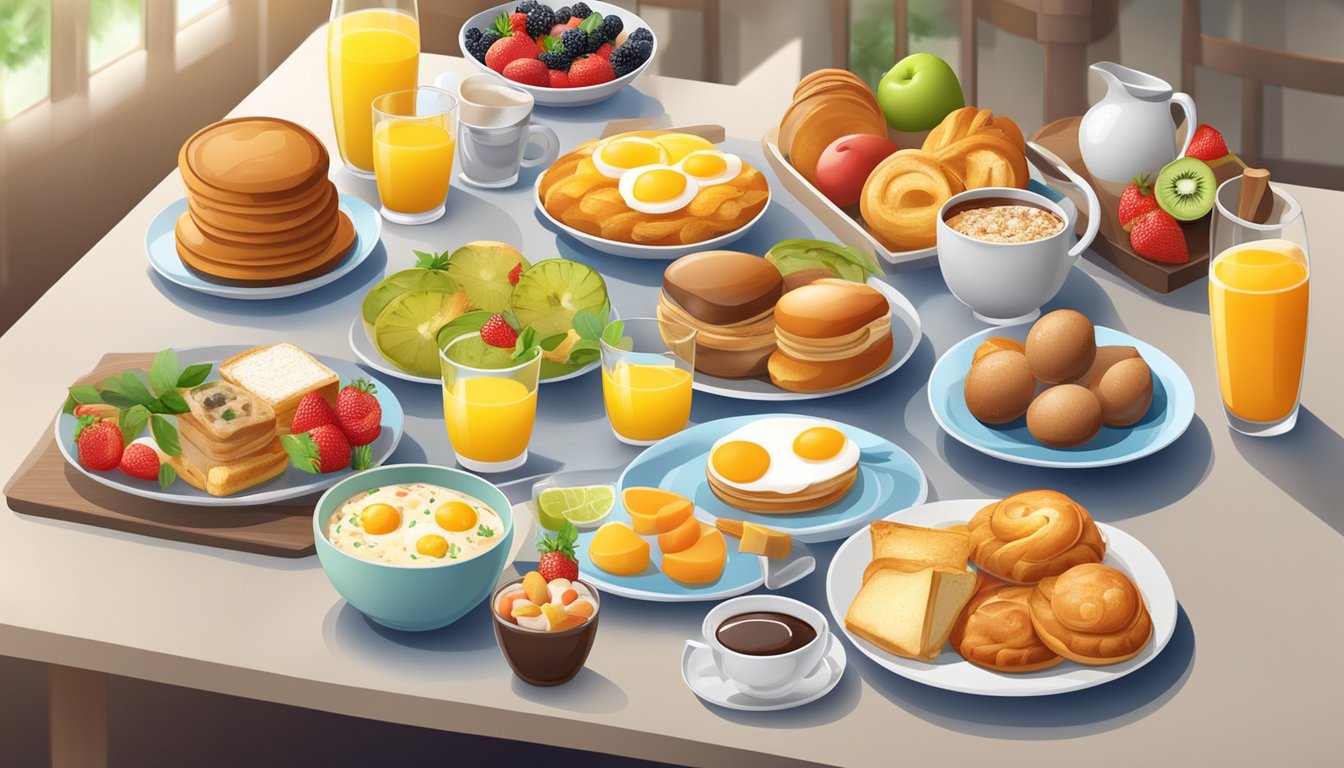 A table with a variety of breakfast items from different countries, including pastries, fruits, eggs, and beverages, arranged in an appealing and appetizing display