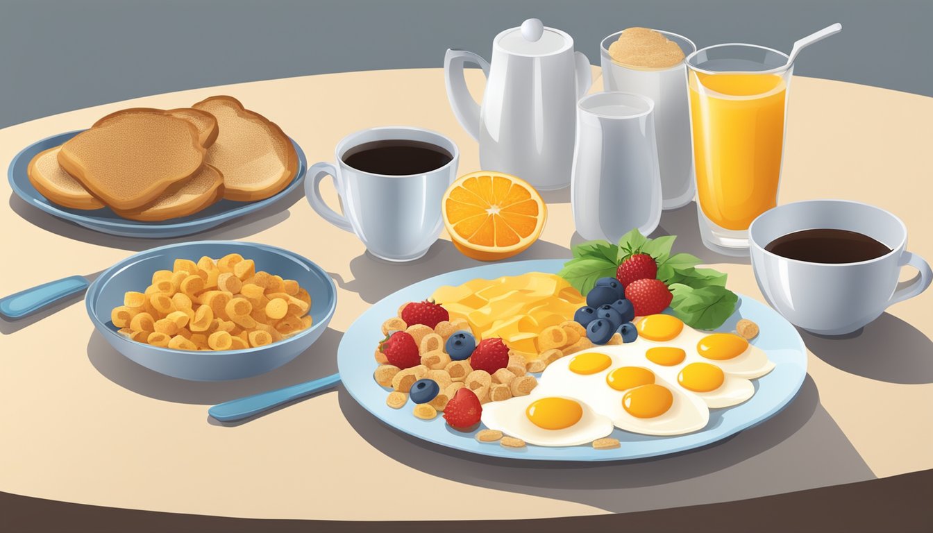 A table set with a variety of breakfast foods, including cereal, fruit, eggs, and toast, with a glass of orange juice and a cup of coffee