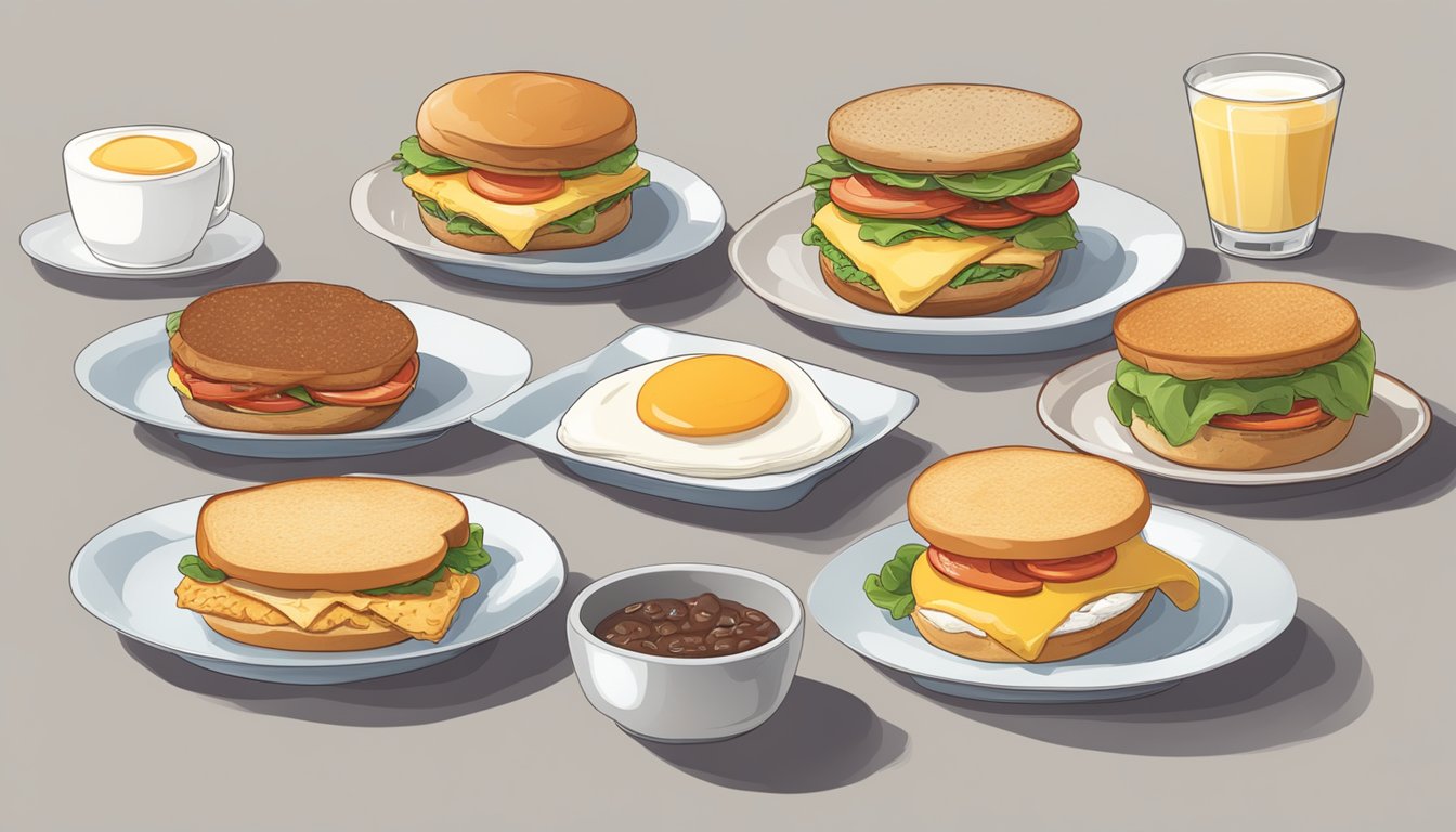 A table with five different breakfast sandwiches, each labeled with their protein content