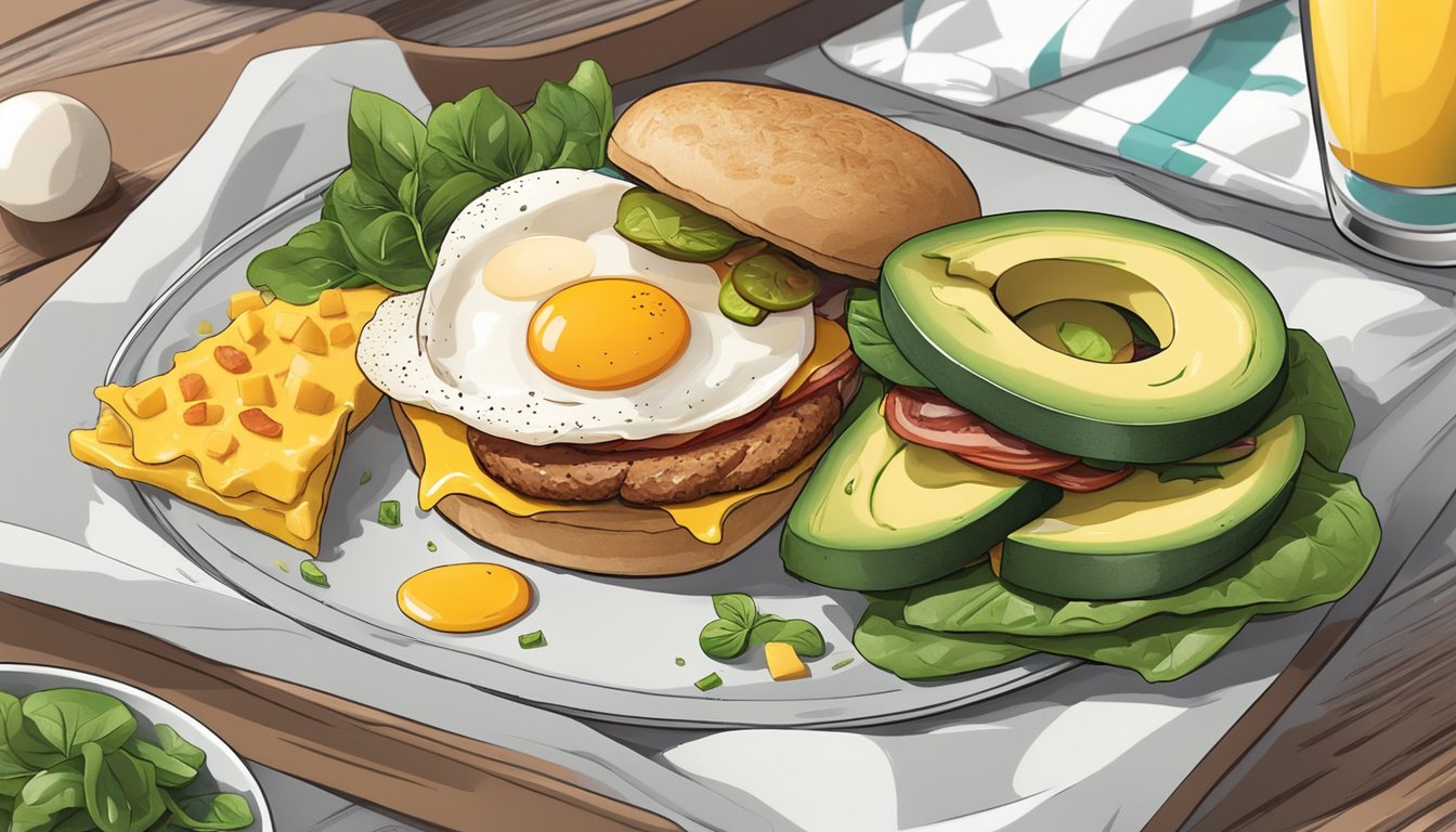 A breakfast sandwich with sausage, egg, and cheese on a plate surrounded by keto-friendly ingredients such as avocado, bacon, and spinach