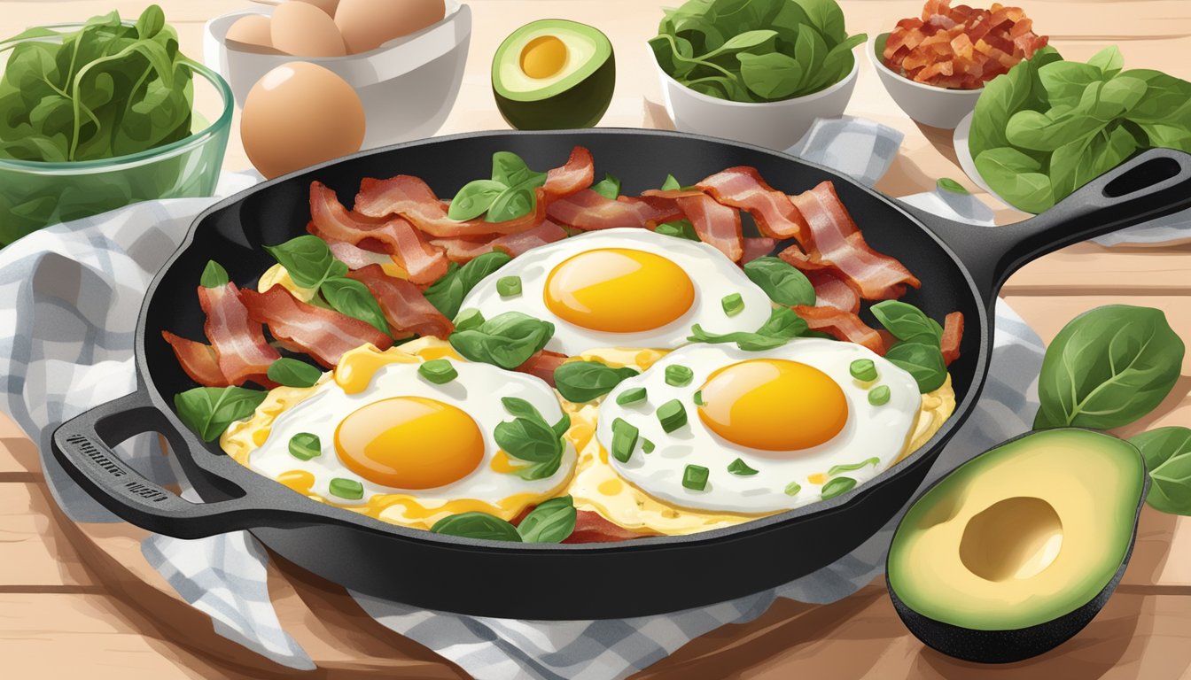 A sizzling skillet with bacon, eggs, and melted cheese, surrounded by low-carb ingredients like avocado and spinach