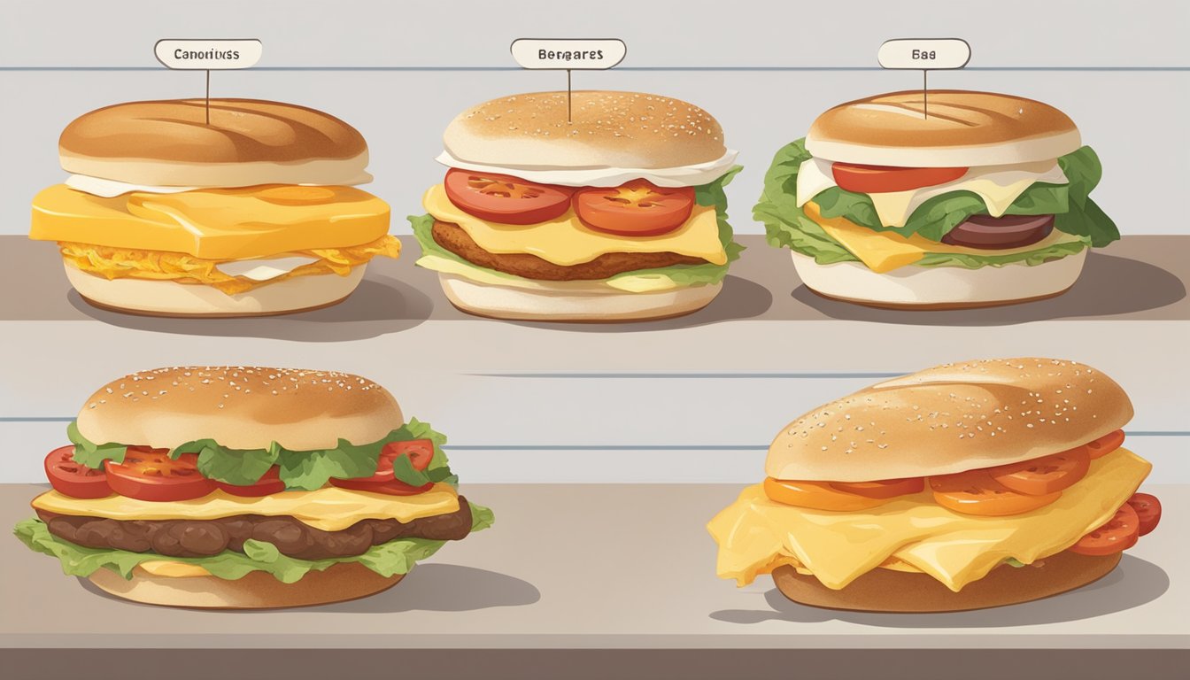 A table with five breakfast sandwiches arranged in a line, each with different ingredients and toppings. The sandwiches are labeled with numbers indicating their ranking