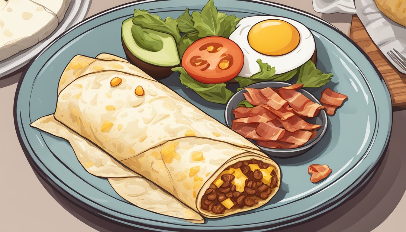 A large burrito with no tortilla, filled with keto-friendly breakfast ingredients like eggs, cheese, and bacon, sitting on a plate