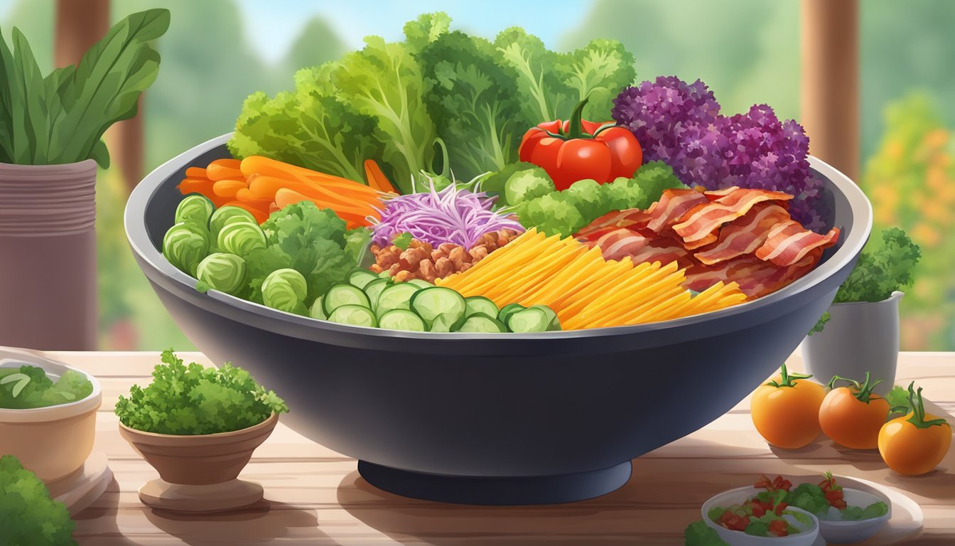 A colorful garden with a variety of fresh vegetables, topped with crispy bacon and no croutons, arranged in a bowl