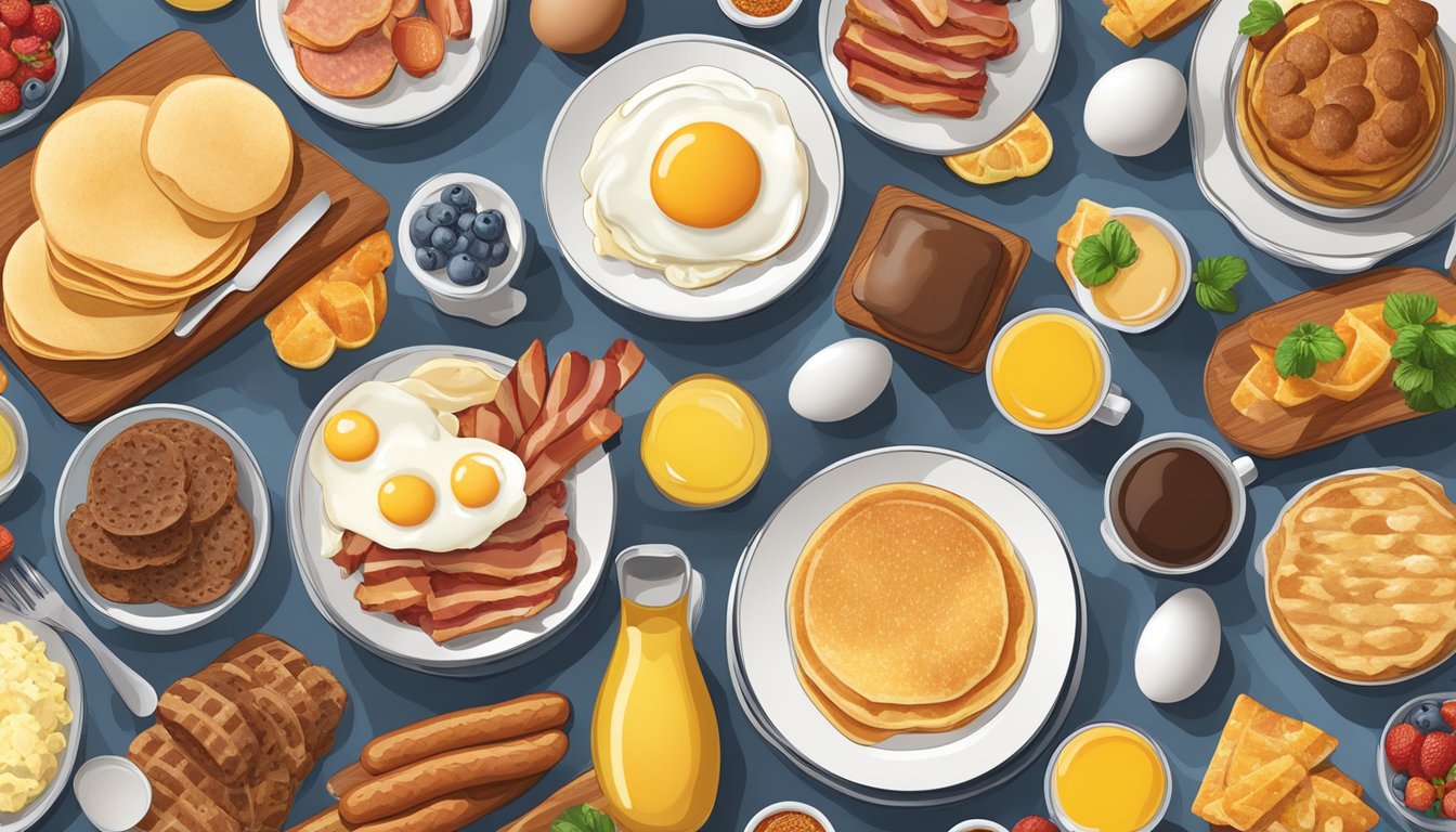 A colorful array of breakfast foods arranged on a platter, including eggs, bacon, sausage, pancakes, hash browns, and fruit