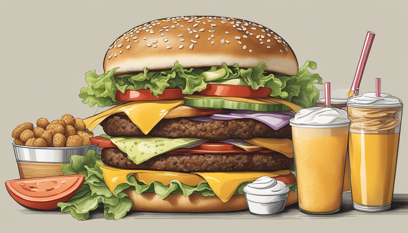 A Whopper, Jr. without a bun, with extra lettuce, surrounded by 7 breakfast items